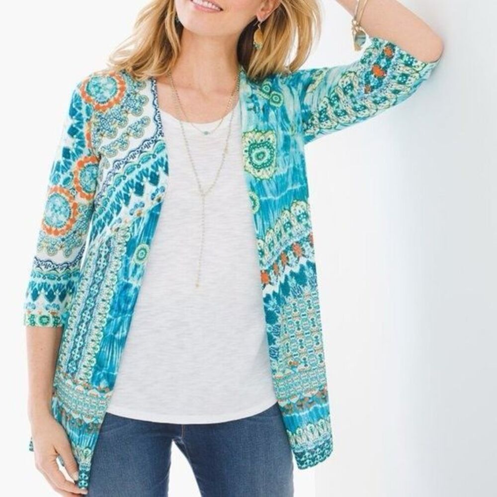 Chico’s Aqua River Cardigan Teal/White/Orange‎ Cotton Open Size 16(3) Coastal
